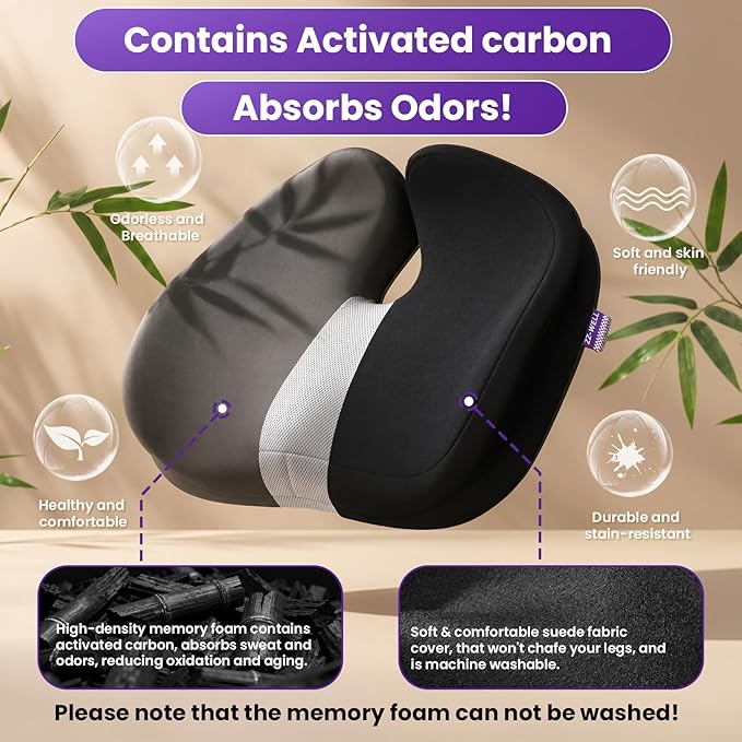 ZZ-WELL Seat Cushions for Office Chairs, Car Seat - Patented Coccyx Cushion for Tailbone Pain - Memory Foam Butt Cushion for Pressure Relief - Carry Handle & Non Slip Bottom (Black)