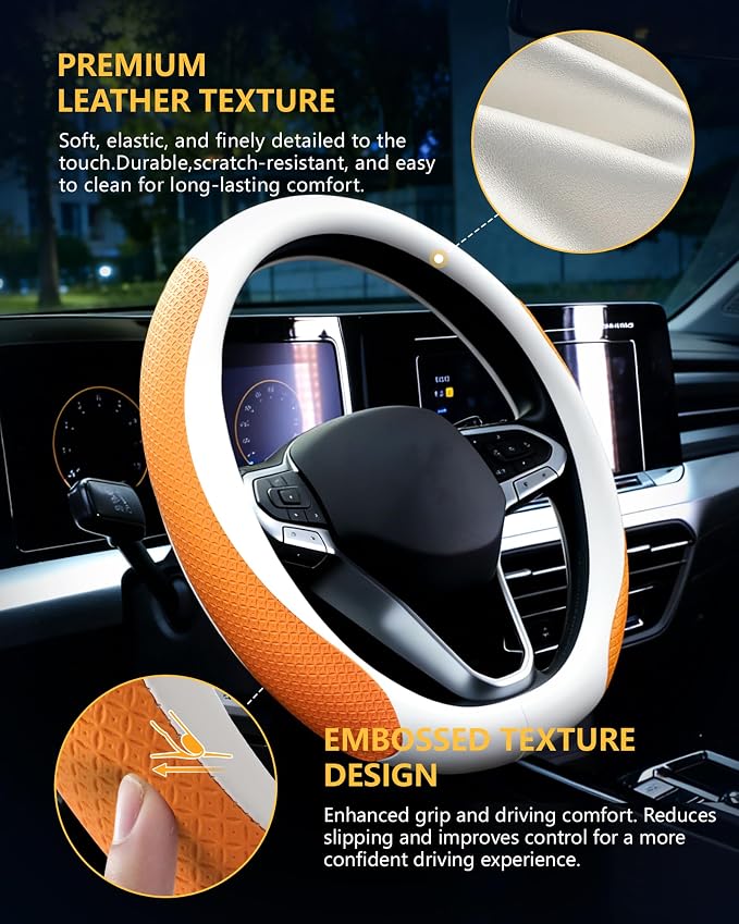 Car Leather Steering Wheel Cover, Genuine Embossed Leather with Anti-Slip Lining, Universal 15 Inch, Fits SUVs, Vans, Sedans, Trucks, Orange