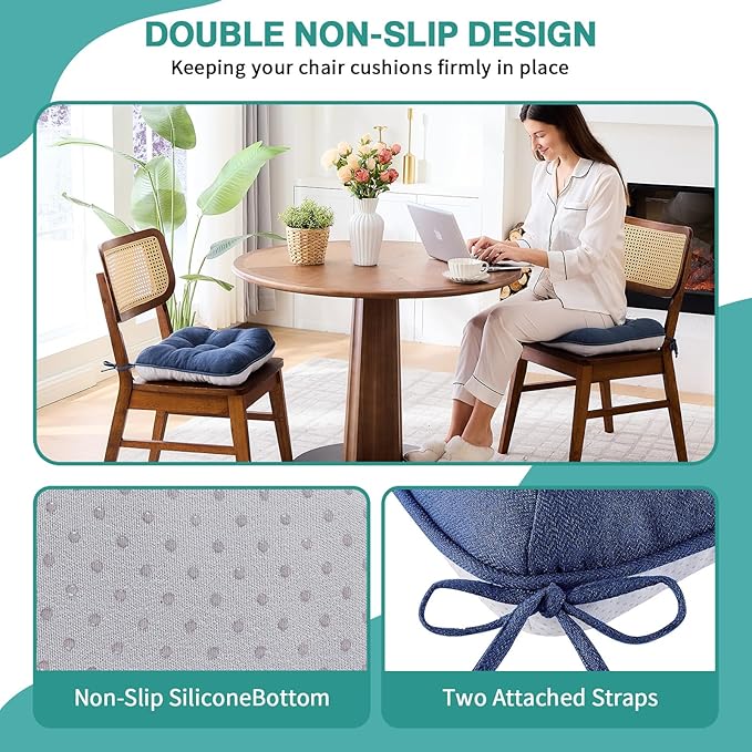BETU Chair Cushions for Dining Chairs Set of 6,3.5" Thick Outdoor Indoor Chair Pads with Ties,Non Slip Backing and Covers, Seat Cushion for Kitchen Dining,Bar,Patio Furniture15.5"X15.5"X3.5",Navy Blue