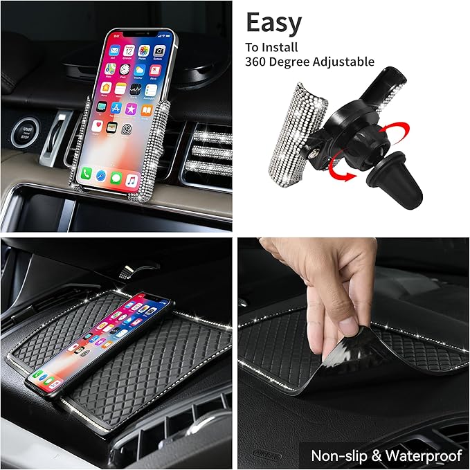 CAR PASS 34 PCS Bling Diamond Car Accessories Set for Women, Leather Car Seat Covers Steering Wheel Covers 15'', USB Charger Phone Holder Shining Rhinestone Sparkly, Cute Interior Decorations, Silver