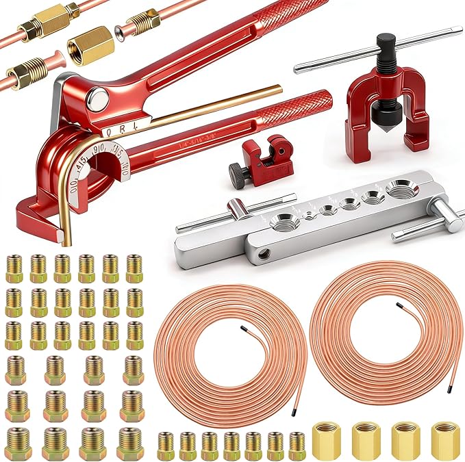 smseace 55Pack 3/16 Inch+3/16 Inch Brake line kit Include 25 FT Copper-Plated Brake Lines with Fitting(32pcs Fittings,4pcs Union+8pcs Nut) Brake line Bender,Single Flare Tool,Cutter Brake line kit