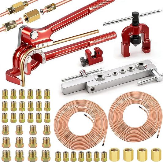smseace 55Pack 3/16 Inch+3/16 Inch Brake line kit Include 25 FT Copper-Plated Brake Lines with Fitting(32pcs Fittings,4pcs Union+8pcs Nut) Brake line Bender,Single Flare Tool,Cutter Brake line kit