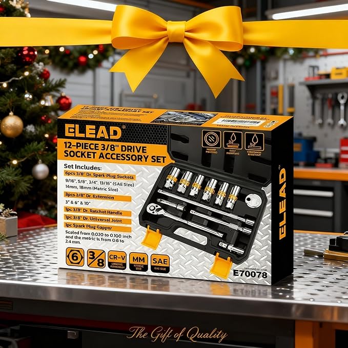 ELEAD 12-Piece 3/8" Drive Spark Plug Socket Set with Ratchet Handle, Universal Joint, Spark Plug Gapper & Extension Bar, 9/16", 5/8", 3/4", 13/16", 14mm, 18mm, CR-V Sockets with Rubber Holding Rings