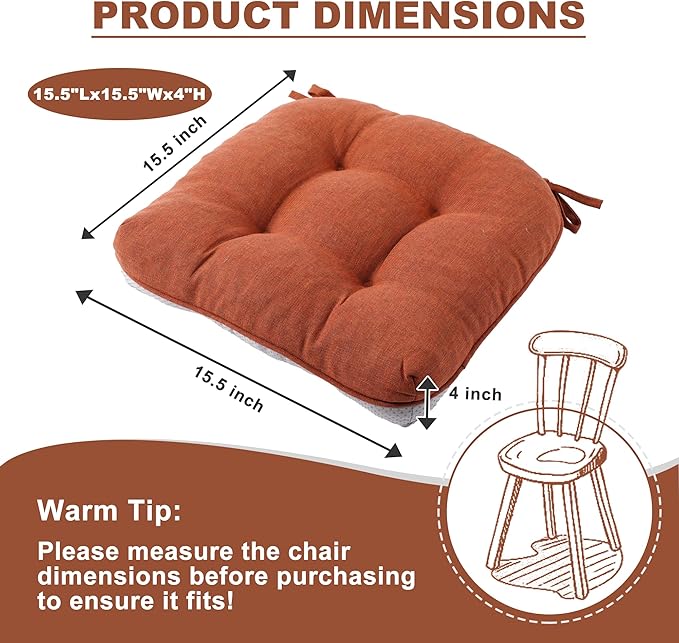 Battilo Chair Cushions Set of 2 for Dining Chairs, Seat Cushions for Kitchen Chairs with Non-Slip Backing, Indoor/Outdoor Waterproof Chair Seat Pads with Ties, 15.5"x15.5"x4", Caramel