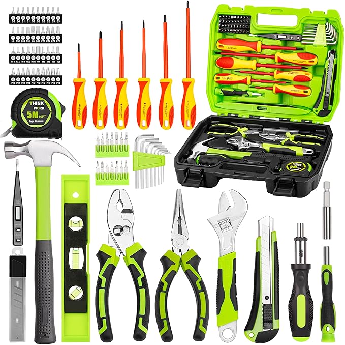 THINKWORK Home Repairing Tool Kit - General Household Hand Tool Set with Storage Toolbox, Small Basic Tool Kit for Men Women, Perfect for DIY, Gift, Home Maintenance, Homeowner, Handyman