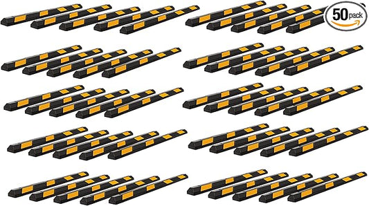 ZONETECH Parking Stopper for Garage Heavy Duty Rubber Parking Curb Stops 72” Garage Parking Stops 50-Pack Premium Quality Garage Wheel Stop Professional Grade w/Yellow Reflective Tape Bolts Included