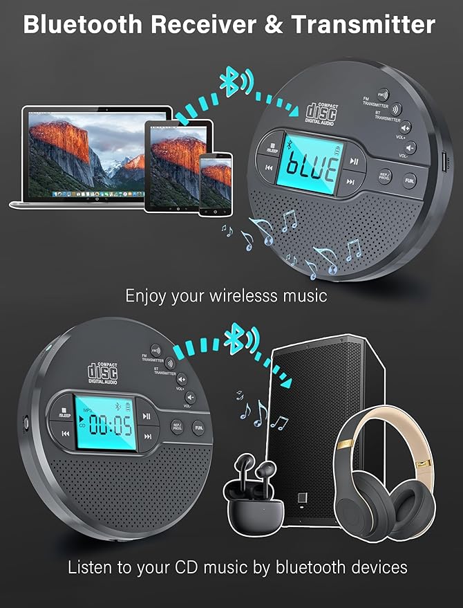 Portable CD Player with 2000mAh Rechargeable Battery-Bluetooth Connect CD Player with 3.5mm Headphones Jack,FM Transmitter,LCD Screen,AUX,Built-in Speaker,USB MP3 Player, Anti-Shock Protection for Car