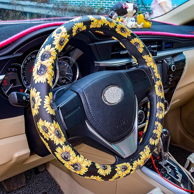 Evankin Sunflower Steering Wheel Cover Cute and Handmade,Leather Universal Steering Wheel Cover 15 inch, Fashionable Boho Sunflower Car Accessories for Women,Top Girl Car Accessories