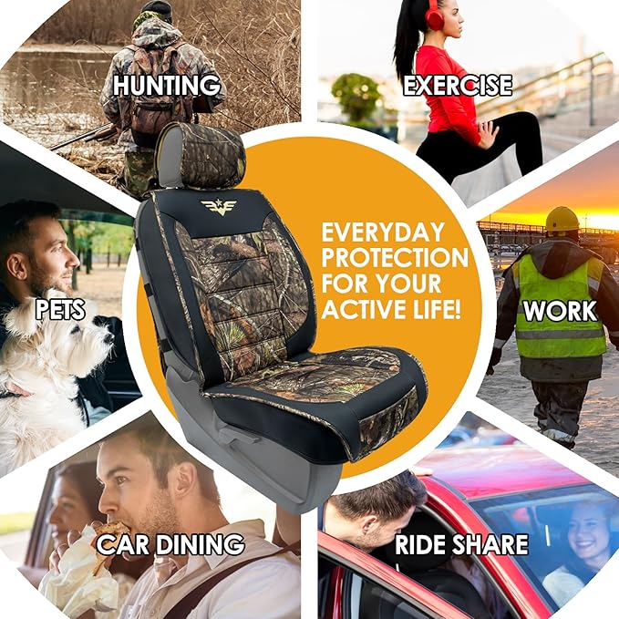 Mossy Oak Heavy Duty Premium Truck Seat Covers for Front Seats, Fits Full-Size Truck SUV, Padded Seat Cover with Bottom Wrap-around, Front & Rear Storage Pockets,Front Seat Protector, Waterproof, 2 pc