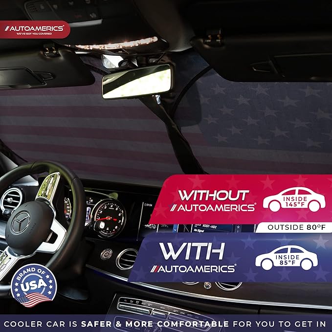 Autoamerics 1-Piece Windshield Sun Shade Original American Flag USA Patriotic Design - Foldable Car Front Window Sunshade for Sedans SUV Truck - Blocks Max UV Rays and Keeps Your Vehicle Cool - Large