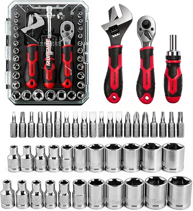 ironcube 53-Piece Socket Ratchet Wrench Set, with 20-In-1 Ratcheting Screwdriver & 2-in-1 Adjustable Wrench for Garage, Auto Repair, Household Backyard & College Dorm
