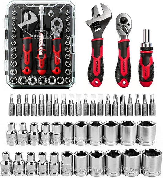 ironcube 53-Piece Socket Ratchet Wrench Set, with 20-In-1 Ratcheting Screwdriver & 2-in-1 Adjustable Wrench for Garage, Auto Repair, Household Backyard & College Dorm