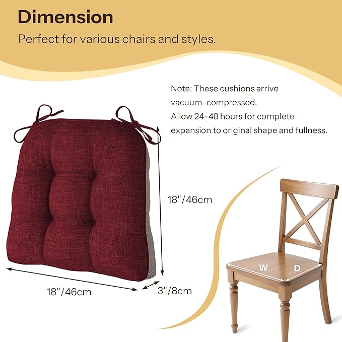 Non Slip Chair Cushions for Dining Chairs Set of 4 Kitchen Chair Cushions 18"x18"x3" Turfted Chair Pads Comfortable and Soft Seat Cushion with Ties, Red