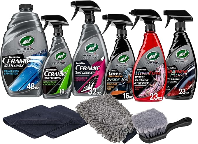 Turtle Wax Hybrid Solutions Complete Ceramic Car Care Kit, Includes Car Wash, Spray Wax, Detailer, Interior Cleaner, Tire & Wheel Cleaner, Tire Shine, Microfiber Accessories & Brush (10 Piece Kit)