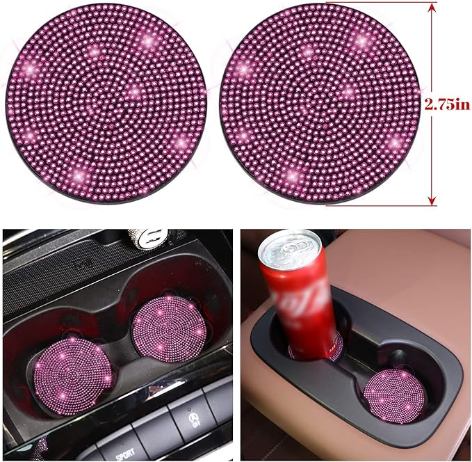 7 Pack Bling Car Accessories Set for Women Girl, Diamond Steering Wheel Cover Set 15 inch,Seat Belt Cushion,Gear Shift Cover, Pink Bling Ring,Car Coasters,Pink