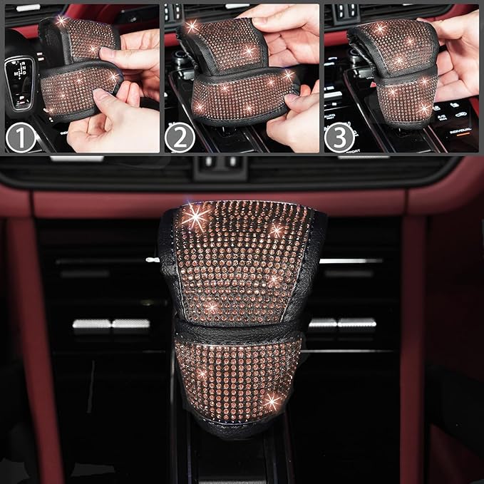 NBTEPEM 12 Pcs Bling Car Accessories Set for Women Car Floor Mats Full Set Steering Wheel Cover Seat Belt Covers Coasters Universal Fit Car SUV Truck Van Gold