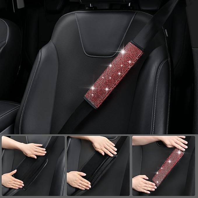 CAR PASS Leather Red Diamond Seat Cover Set, 11pcs Including Steering Wheel & Gear Cover, for Women, Universal Fit