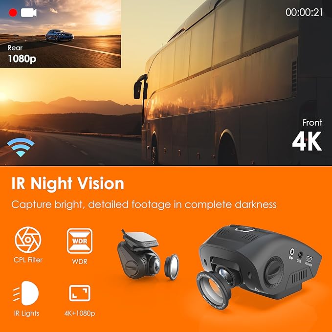 RexingUSA V1P SE 4K Dual Dash Cam w/GPS, Wi-Fi & 2pcs-CPL Filter | 512GB Support | Front 2160p, Rear 1080p | 170° Angle | G-Sensor | WDR | Loop Record | Parking Monitor | 64GB Memory Card Included