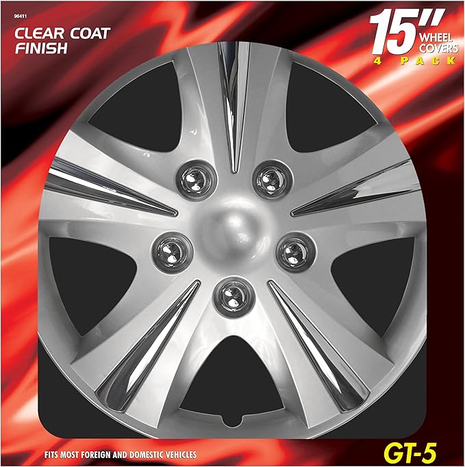 Custom Accessories 4-Pack 15" SGT-5 Wheel Covers, Replacement Hubcaps for Cars, Trucks, SUVs — Silver/Chrome