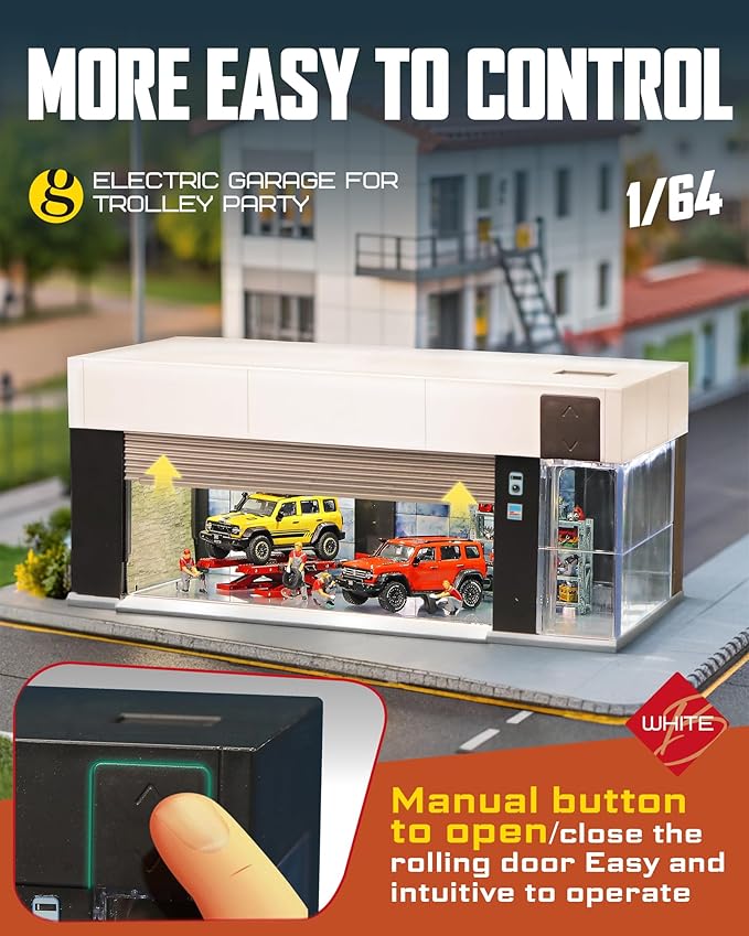 1/64 Scale Diecast Display Case for Hot Wheel Storage with LED Lights, Stackable Electric Garage with Voice Control, 3 Replaceable 3D Scenes Parking Lot Diorama for Model Cars (White)