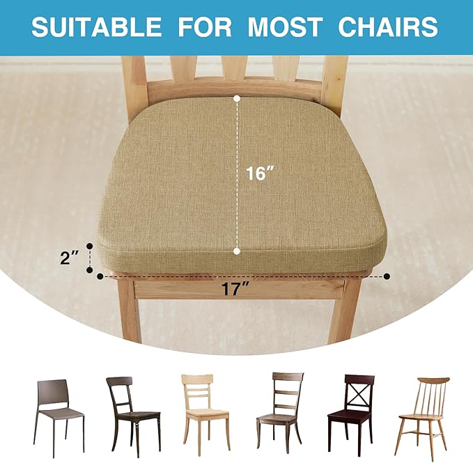 IASEAHK Chair Cushions for Dining Chairs Set of 6, Non Slip Kitchen Chair Pads, 17" x 16" x 2", Indoor Dining Chair Cushions with Ties, D-Shaped Seat Cushions for Kitchen Chairs, Khaki