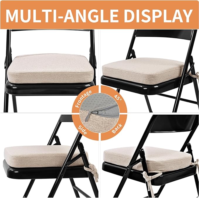 SINOSSO Memory Foam Chair Cushion for Folding Chair 1 Pcs, Thickened 2" Square Kitchen Chair Pad with Ties, Indoor Non-Slip Dining Chair Seat Cushion (1 Piece, Oatmeal Beige)