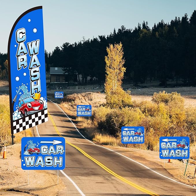 Car Wash Feather Flagpole Kit Include 7 ft Banner Flag with Poles 5 Pcs Car Wash Sign and 10 Pcs Ground Stake for Outside Business Stores Shops Decoration