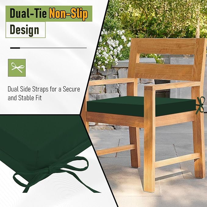 Basic Beyond Outdoor Chair Cushions Set of 6, Square Corner Outdoor Cushions for Patio Furniture, Water Resistant Patio Chair Cushions with 2 Ties, 18.5x16x3, Forest Green