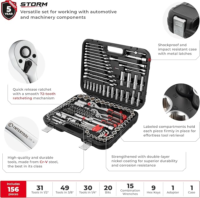 INTERTOOL Metric Socket Set, 1/4” 3/8” 1/2” Drive, 156-Piece, Ratchet Box Wrenches, Quick Release Ratchets, Extensions, Adapters, Security Bits, Screwdriver, Hex Keys, Hard Case, Tool Gift, ET08-8156