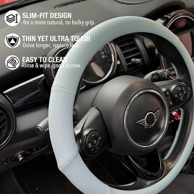 PINCTROT Nappa Leather Steering Wheel Cover with Ergonomic Palm Support Grip, Full Perforated Breathable, Slim Fit No Bulk Design, Universal 14.5-15 Inch (Ice Blue)