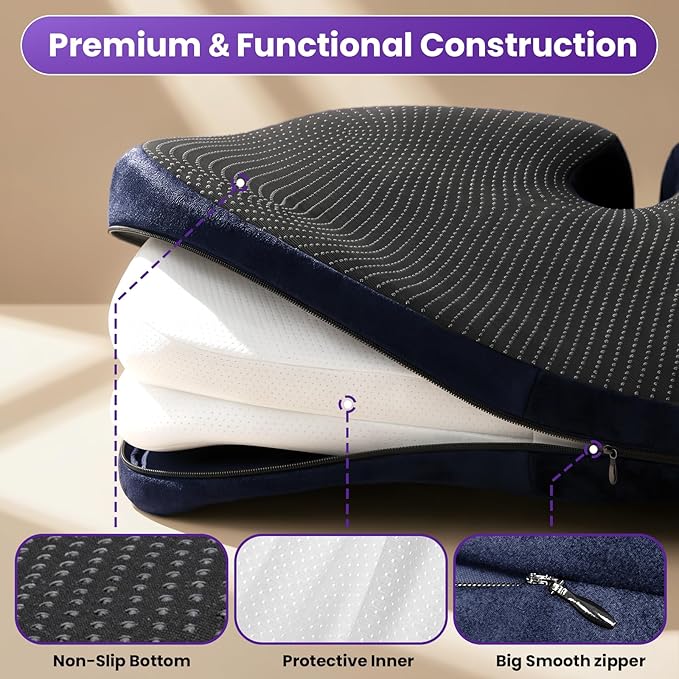 ZZ-WELL Seat Cushions for Office Chairs - Ergonomic Tailbone Pain Pressure Relief Seat Cushion - Extra Large & Thick Design Memory Foam Office Chair Cushion, 21.2" W X 16.5" L (Blue)