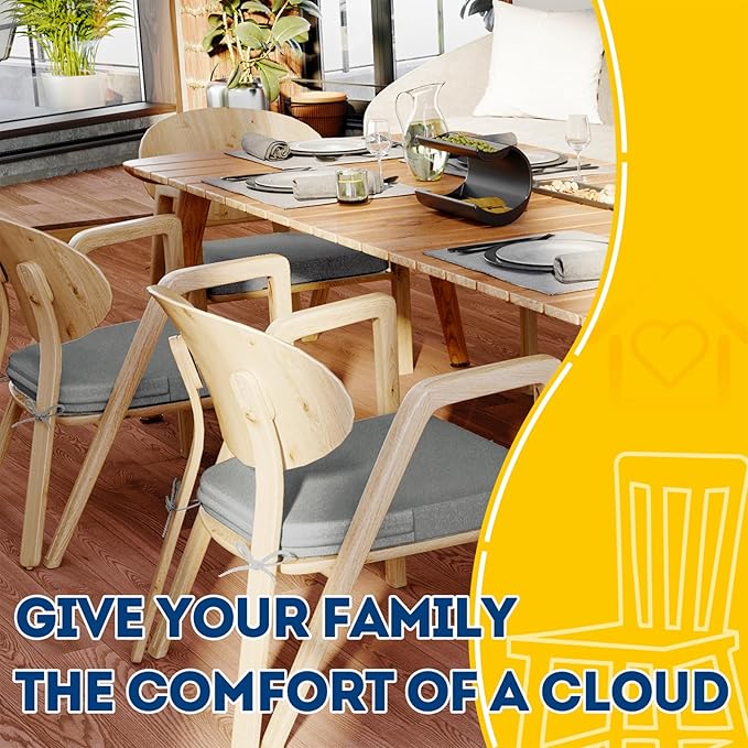 AAAAAcessories D-Shaped Chair Cushions, 2" Thick Dining Chair Pads with Ties and Removable, Machine-Washable Cover, 17" x 16", Set of 4, Gray