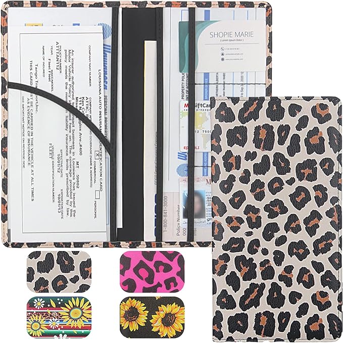 LumiMokki Premium Car Registration & Insurance Card Holder with Magnetic Shut, Vehicle Glove Box Car Organizer - For Documents, Cards, License (Leopard A)