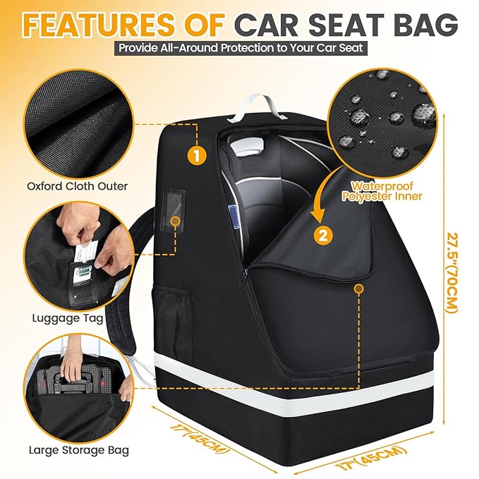 Orzbow Car Seat Carrier for Airport, Folding Car Seat Travel Bag & Cart with 4 Wheels and High Load-Bearing, Padded Gate Check Bag Fits Most Infant Car Seats & Carriers, Easy to Use, Black