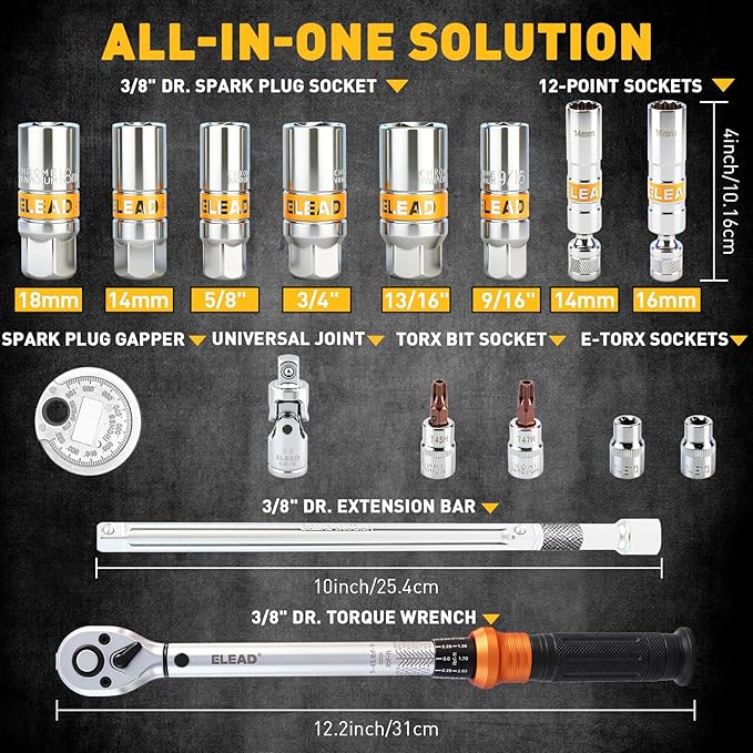 ELEAD 16-Piece Spark Plug Socket Set, 3/8" Drive Swivel Magnetic Spark Plug Removal Tool Kit with Torque Wrench (5–45 lb-ft), E-Torx & Torx Bit Sockets, Extensions & Universal Joint