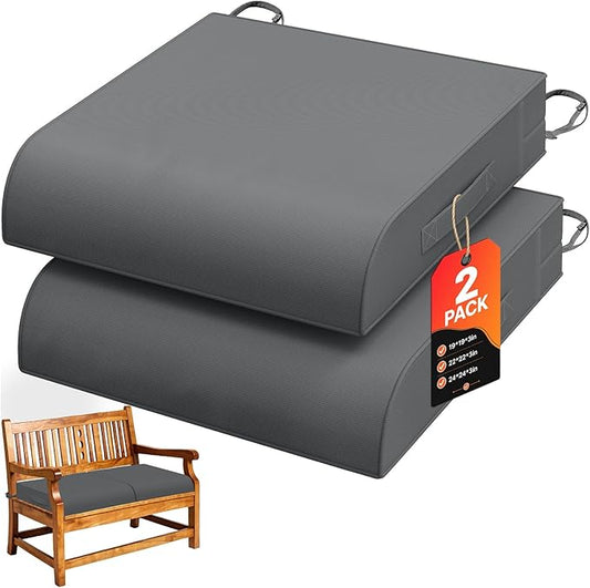 TasticTotes 19 x 19 x 3 Inch Patio Chair Cushions - Set of 2, Waterproof Outdoor Seat Cushions with Adjustable Straps and Handles, Fade-Resistant Chair Pads for Outdoor Furniture, Garden, Beach, Grey