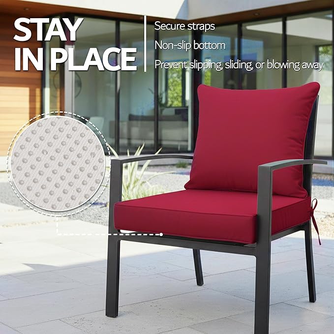 24x24 Inch Outdoor Chair Cushions Set of 2, Patio Furniture Cushions - Removable Cover, Water-Repellent, Fade-Resistant, Non-Slip Bottom & Straps, Replacement for Deep Seat Sofa & Couch - Burgundy