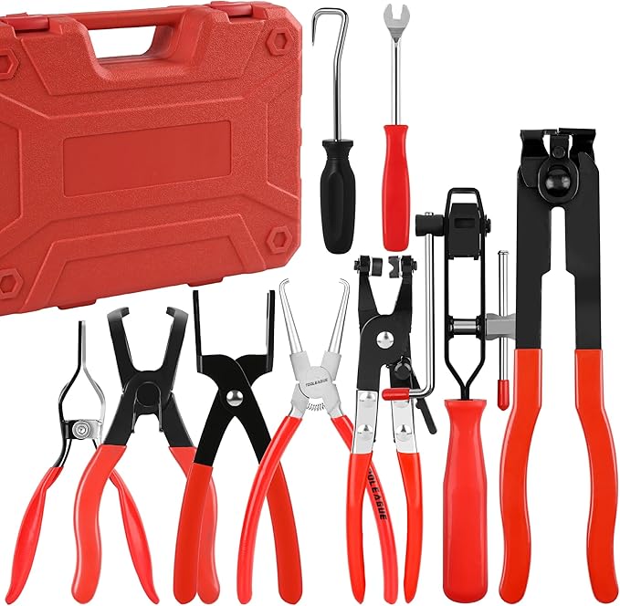 TOOLEAGUE 9Pcs Fuel Line Disconnect Pliers Set,9" Fuel Filter Caliper, Removal/CV Joint Boot Clamp/Flat Hose Clamp/30 Degree Disconnect Pliers Set for Auto Maintenance with Storage Case