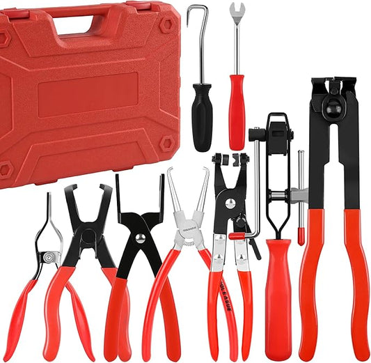 TOOLEAGUE 9Pcs Fuel Line Disconnect Pliers Set,9" Fuel Filter Caliper, Removal/CV Joint Boot Clamp/Flat Hose Clamp/30 Degree Disconnect Pliers Set for Auto Maintenance with Storage Case