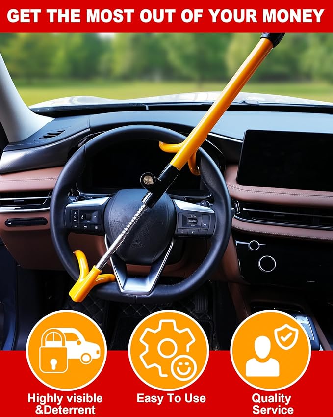 Tevlaphee Car Steering Wheel Lock Great Deterrent Adjustable Car Lock Steering Wheel Anti Theft Car Device for Vehicles,Trucks,Vans,SUVs (Yellow)