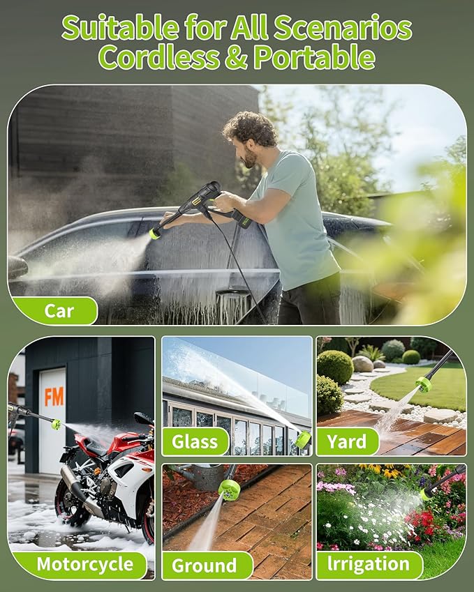 Cordless Portable Washer, Handheld Washer, Battery Operated Washer for Car Home Outdoor Patio Garden, Lightweight Car Washer, Washer with Foam Pot, Cleaner with 23FT Elastic Hose (Evergreen)