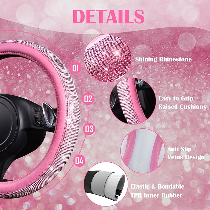 CAR PASS 11 PCS Bling Car Accessories Set for Women, Sparkly Rhinestone Diamond Steering Wheel Cover, Bling Seat Belt Cushion, Shift Knob Cover, Push Start Button Ring, Car Cup Holder Coaster, Pink