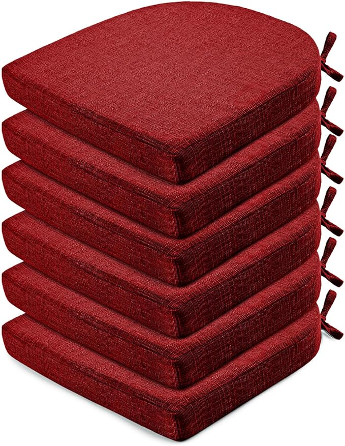 Wellsin Chair Cushions for Dining Chairs 6 Pack - Kitchen Chair Cushions with Ties and Non-Slip Backing - Dining Chair Pads 16"X16"X2", Red
