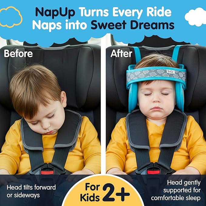 NapUp Adjustable Head Support for Car Seat – Patented & Crash-Tested Anti-Bobbing Head Holder Strap, Comfortable Sleep Solution - Breathable Fabric, Kids Travel Accessories - Ages 2+ - Light Blue