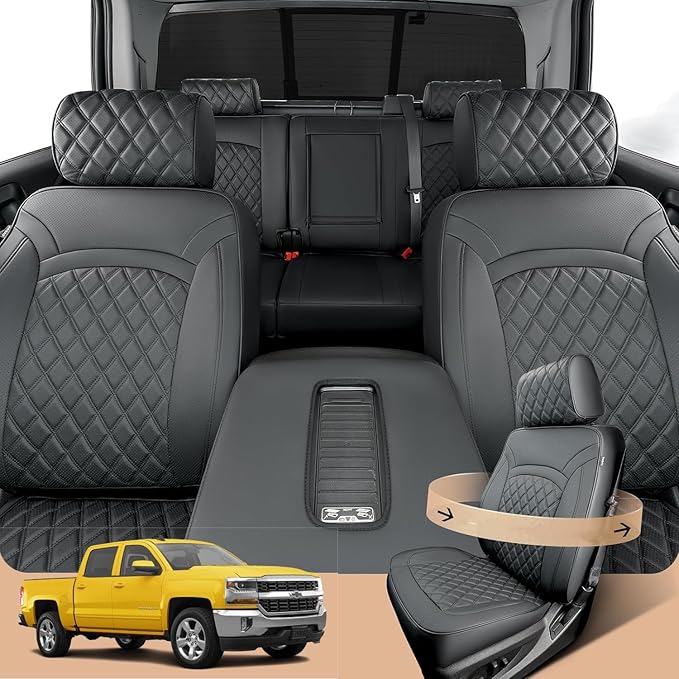 Full Coverage Full Set Seat Covers for Chevy Silverado GMC Sierra 2014-2018 1500 Crew Cab 2015-2018 2500HD 3500HD,for Chevrolet Truck Car Interior Accessories Black
