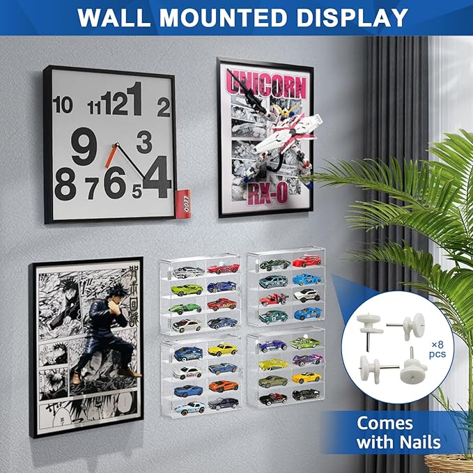 1/64 Scale Toy Cars Display Case for Matchbox Hot Wheels Hold 32 Toy Cars Storage Case Organizer Box Wall Display Clear Model Car Case Holder Container Shelf 6.5 X 7.5 X 1.6 Inch 4 Pack