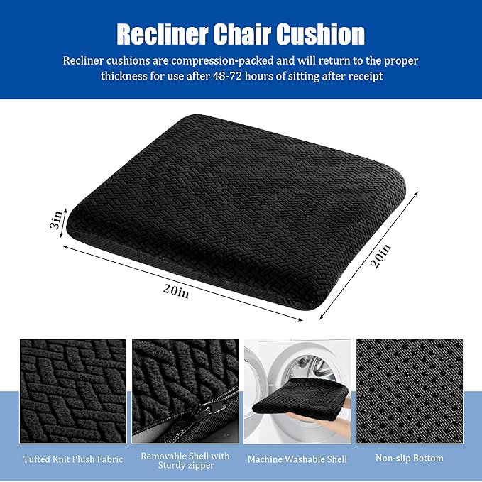 HOMBYS Tufted Furry Recliner Seat Cushion for Elderly Foam Curved Edge Large Square Seat Cushion for Office Chair, Car, Floor Pillow, No Pressure on Thighs (Black)