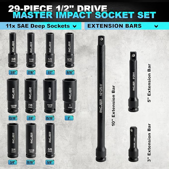 1/2" 29PCS Impact Socket Set, Mechanic Tool Set,SAE (3/8"-1") & Metric (10-24mm), Standard & Deep Sockets with Extension Bars. CR-MO Steel, High Torque, Ideal for Truck Bearing Locknut.