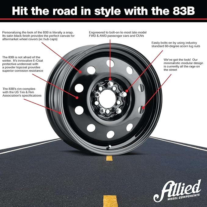 Allied 83B FWD Black Mod 17X7" 5X100 & 5X115 Bolt Patterns +41mm Offset 5.61" BS Satin Black Passenger Car Wheel, Bolt-on OE Replacement, Car Mods, FWD, AWD, SUV and CUV Steel Wheel