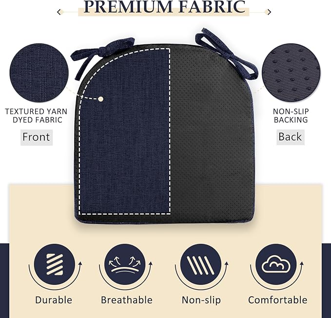 Wellsin Chair Cushions for Dining Chairs 4 Pack - Kitchen Chair Cushions with Ties and Non-Slip Backing - Dining Chair Pads 16"X16"X2", Navy